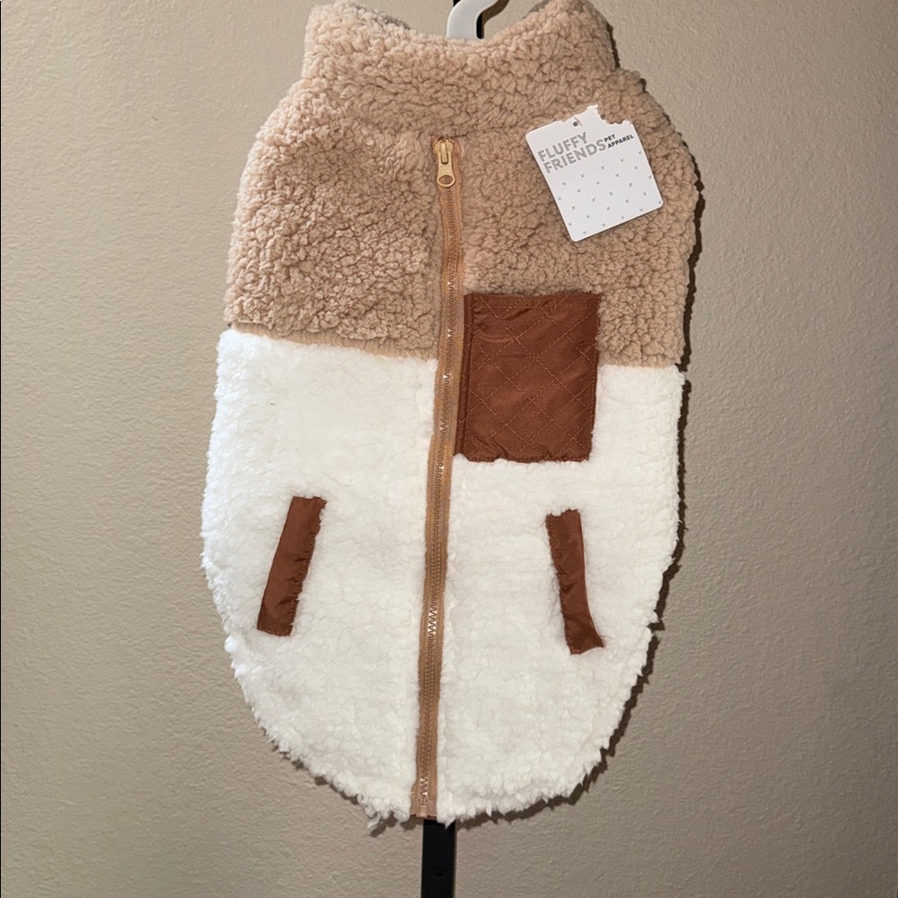 NWT Fluffy Friends Color Block Dog Tan Cream Brown Sherpa Fleece Sweater Size L